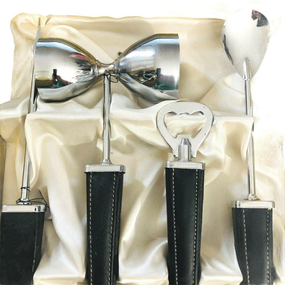 Vintage SWANK Ascot Bar Set Black Leather Silver - Picture 5 of 12
